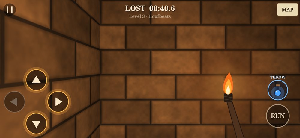 The Minotaur's Maze gameplay: torch-lit brick corridor with movement, throw and run controls