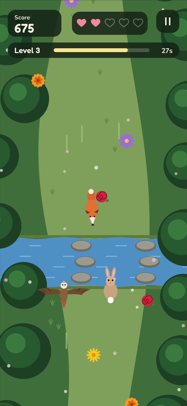 Rabbit Run gameplay: a rabbit crossing a river while a fox and a hawk close in